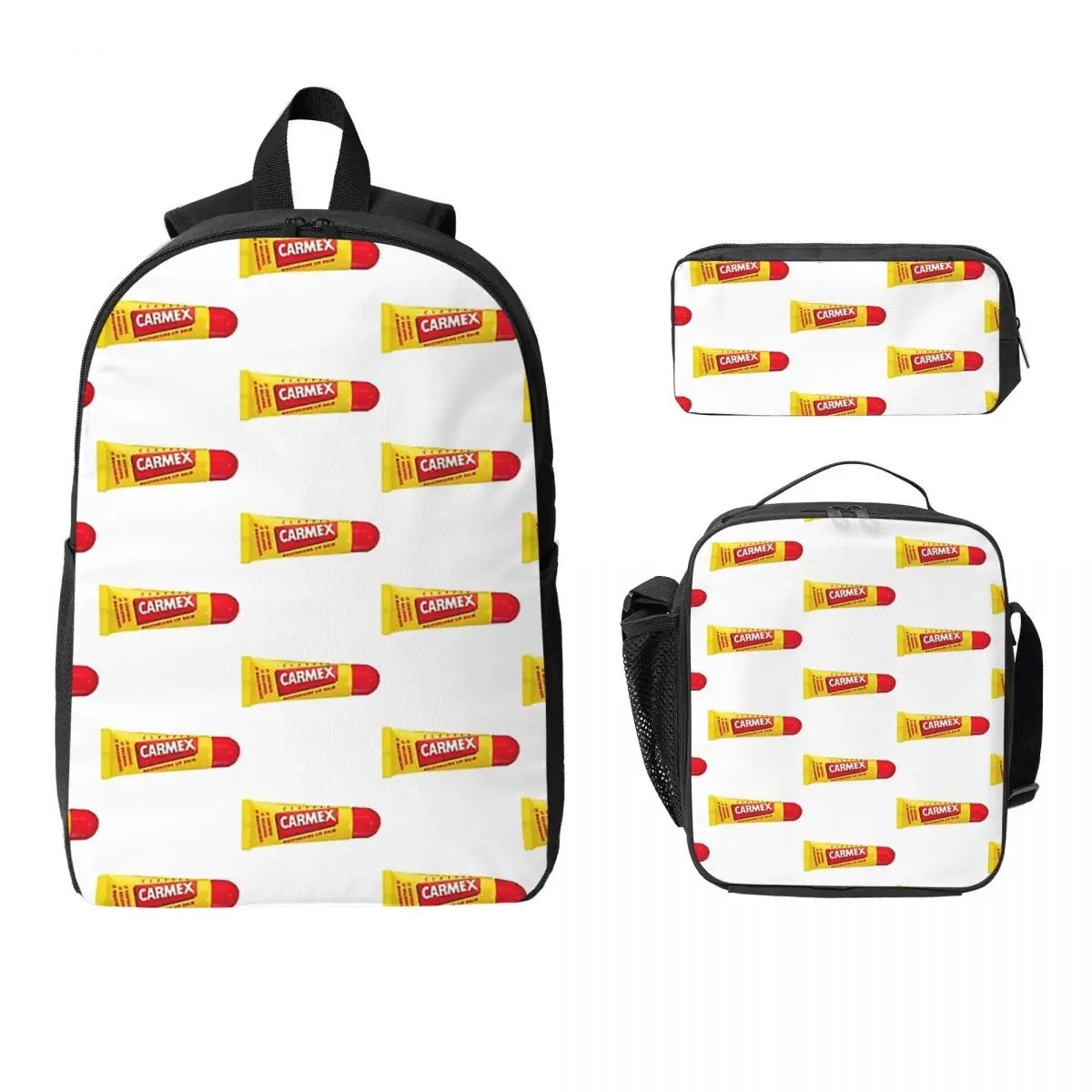 Mochila Carmex Lip Balm para estudantes, meninos e meninas, bolsa escolar, bolsa de ombro para computador, 3 peças, bolsa térmica para almoço, estojo para lápis