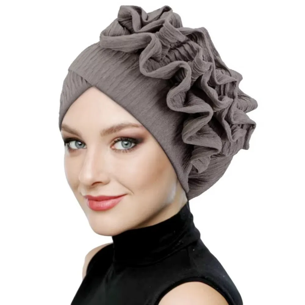 Elegant Elastic Flower Turban Hat Women Ruffle Flower Edge Pre Tied Bonnet Ramadan Chemo Cap For Wedding