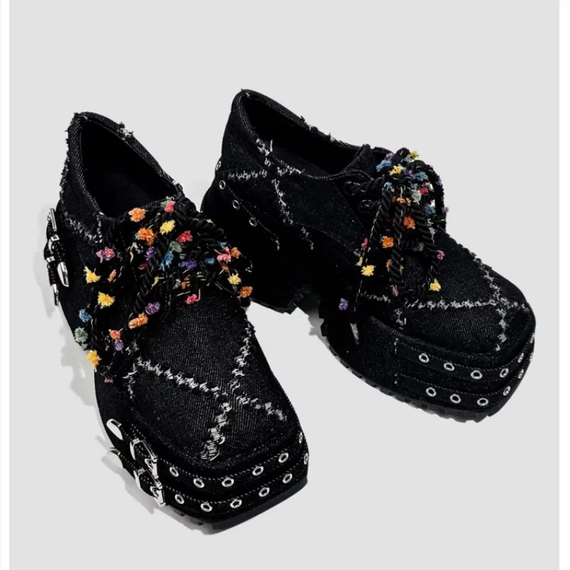 9 cm Thick Soled Black Sponge Shoes Women's Belt Buckle Tassel Denim Strap Short and Deep Mouthed Super High Heels Single Shoes