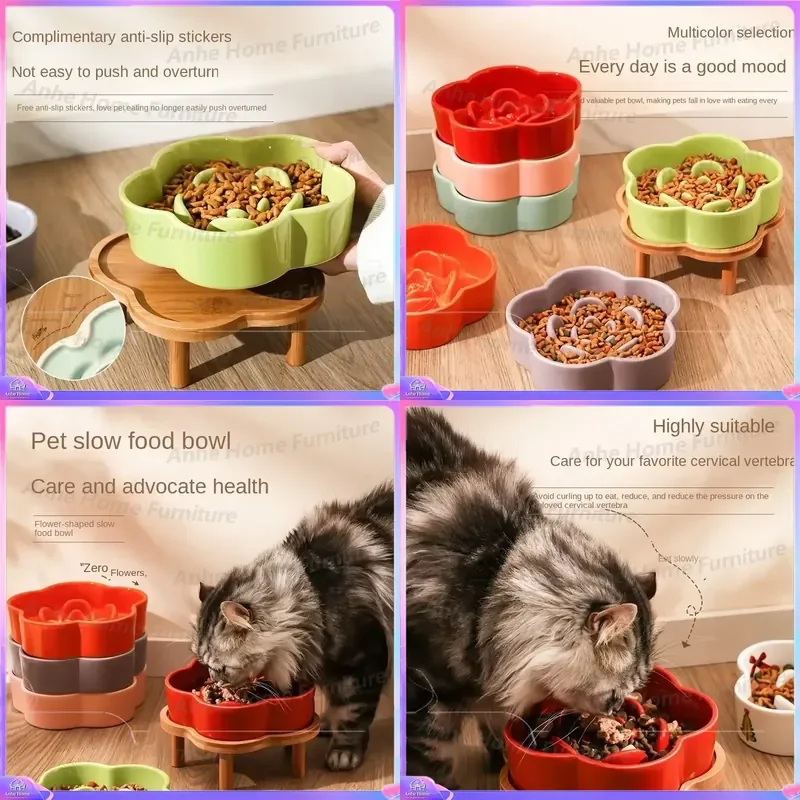 Ceramic Slow Feeding Bowl for Cats and Small Dogs Anti Choking Pet Food Bowl Black Chin Prevention Neck Guard Wooden Frame