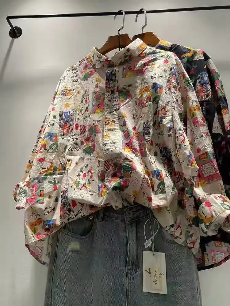 Bust 126cm Women's 100% Cotton Cartoon Print Shirt Long Sleeve Patchwork Graphic Blouse Casual Streetwear Top