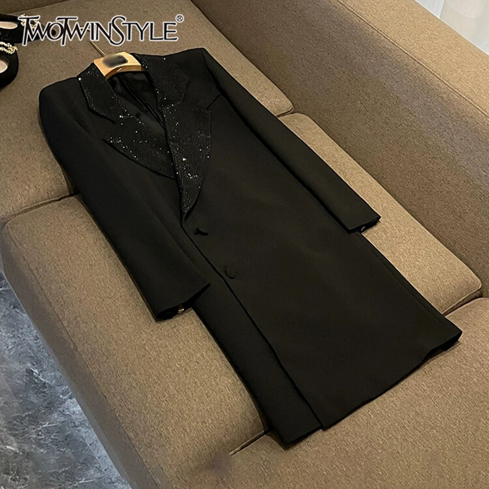 

TWOTWINSTYLE Designer Solid Loose Jackets For Women Lapel Long Sleeve Patchwork Button Temperament Blazer Female New TJA642900