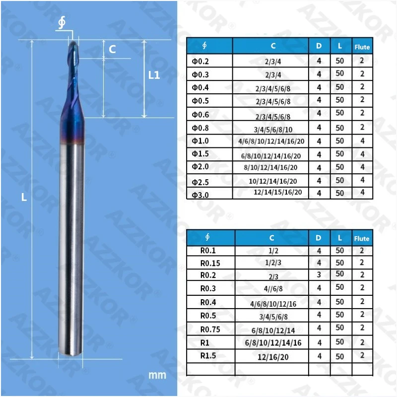 AZZKOR HRC70 Tungsten Steel Carbide Blue Nano Coating 2-Flute Deep Groove Ball Nose Endmill CNC Machine Machining Milling Cutter