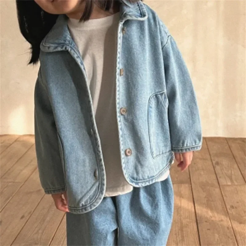 Korean  boys and girls autumn fashion new coat for children Korean casual lapel pocket denim jacket  winter clothes for girls