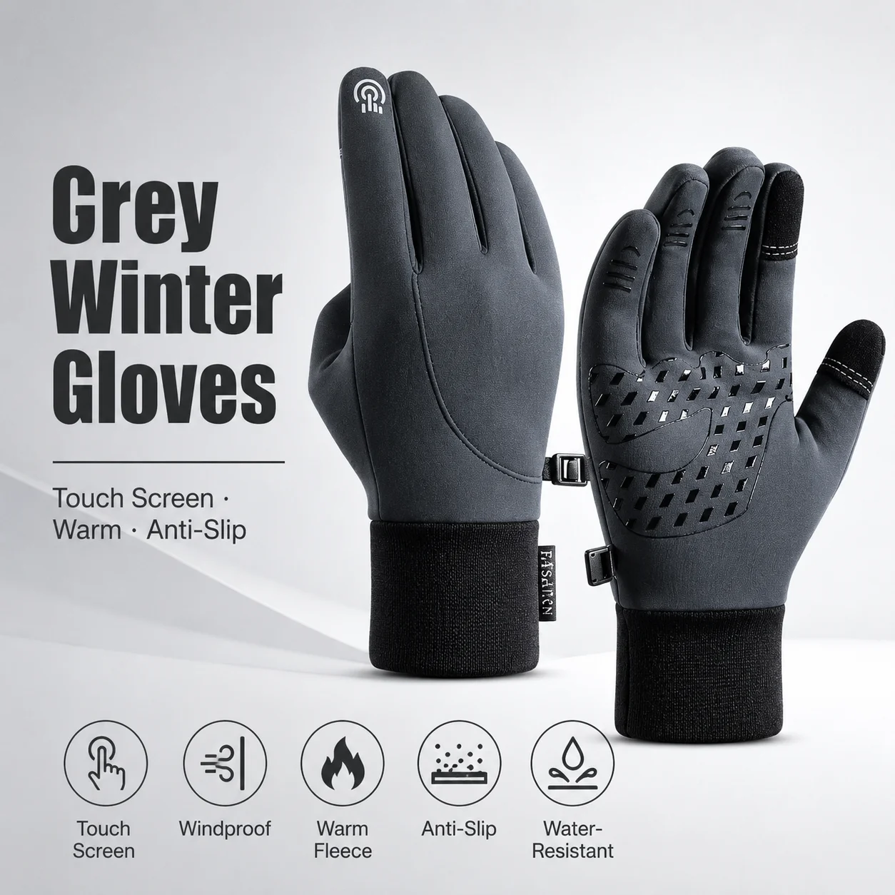 Grey Winter Gloves Touch Screen Warm Anti-Slip Waterproof Windproof Outdoor Gloves for Cycling Running Hiking