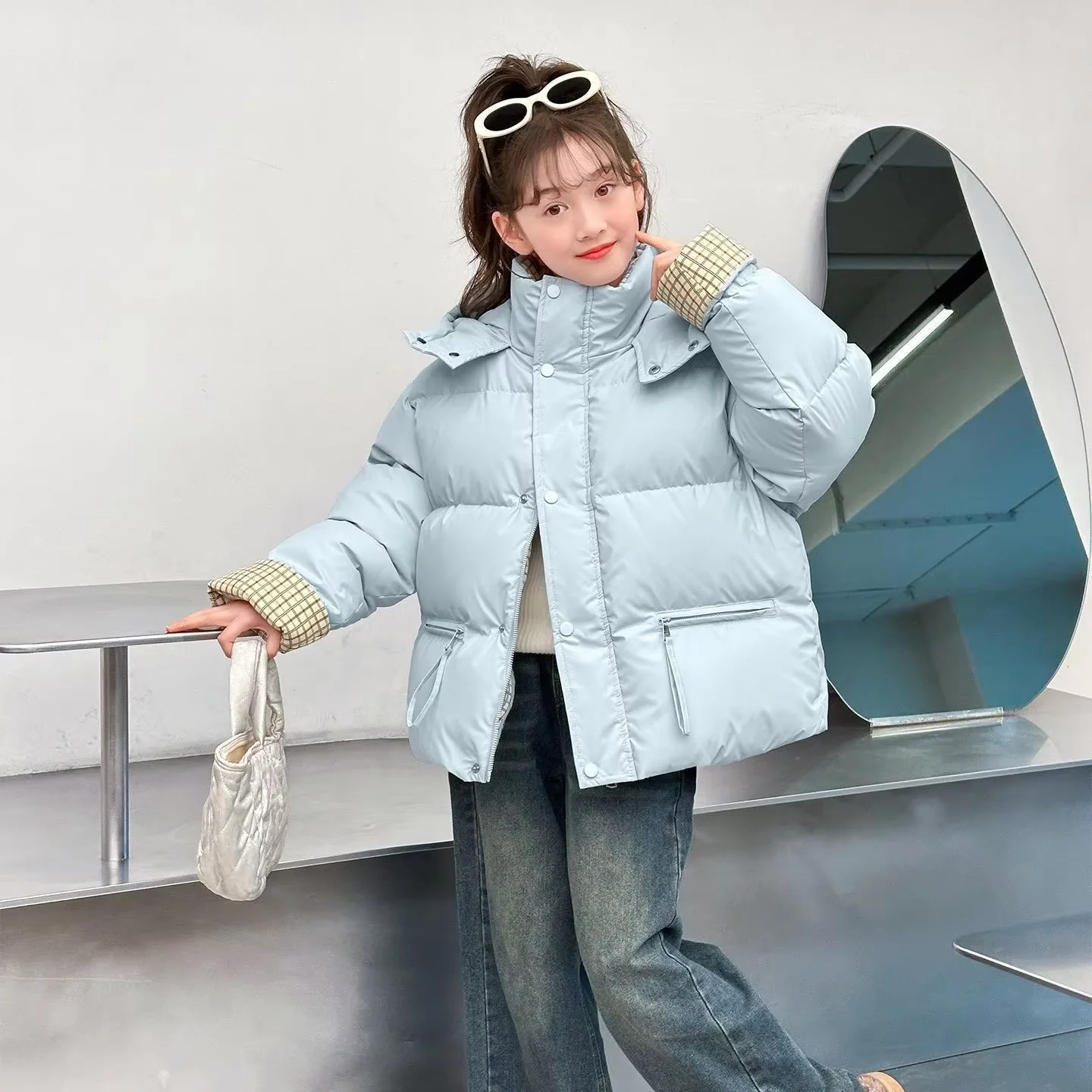 Girls Winter Down Jacket 2026 New Color Block Fleece Lined Cotton Coat Big Kids Waterproof Padded Outerwear 5 7 9 11 13 15Y
