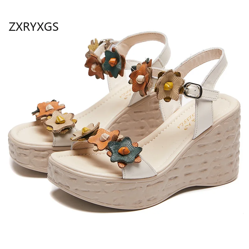 

ZXRYXGS Classic Flowers Top Layer Cowhide Women Fashionable Sandals 2026 Summer Open Toe Sandals Elegant Comfort Wedges Sandals