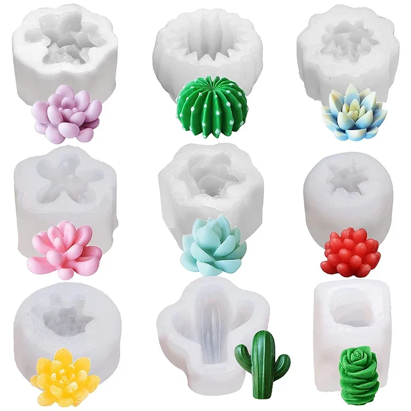 9PCs suculent safe cactus flower resin mold silicone candle mold 3D suculent epoxy resin casting mold durable