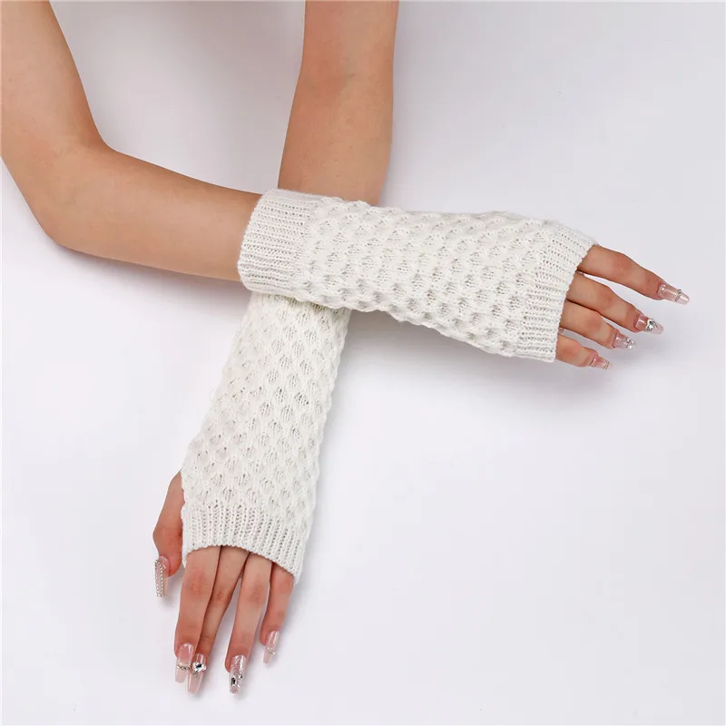 Autumn Winter Rhomboid Knitted Half Finger Arm Cover Arm Sleeves Warmers Women Windproof Cycling Wrist Gloves Decorative Sleeves