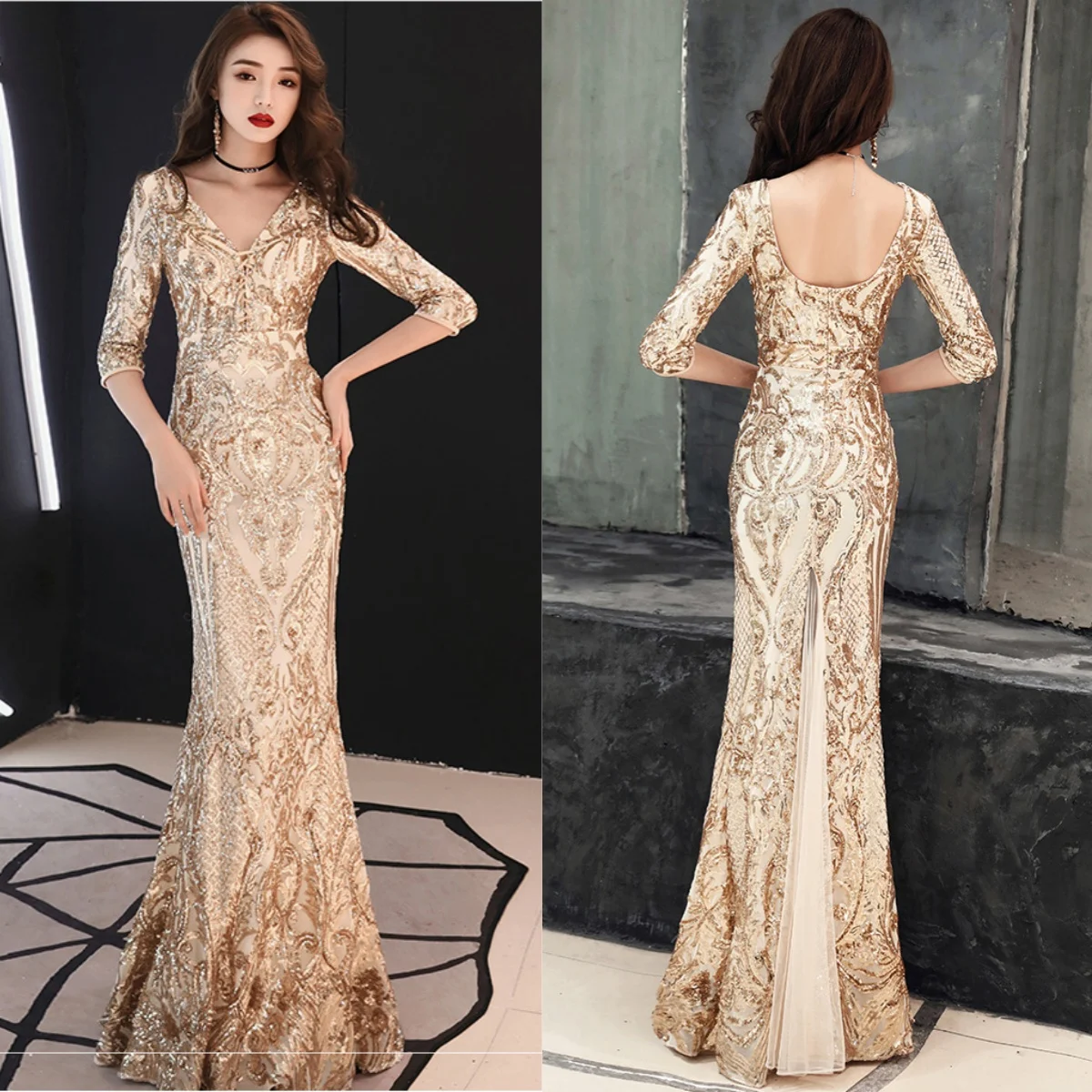 

Evening Dress Champagne Sequins Stretchy V-neck 3/4 Sleeves Zipper Back Mermaid Trumpet Floor Length Women Party Formal Gowns