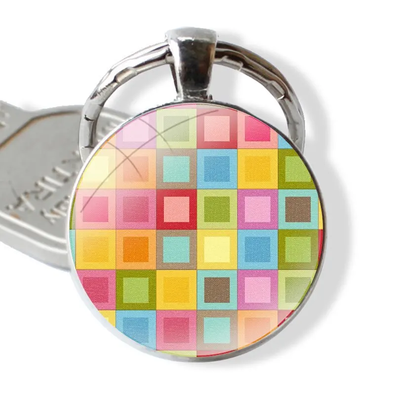 Keychain Handmade Glass Cabochon Key Ring Holder Pendant Key Chains checkered colorful abstract