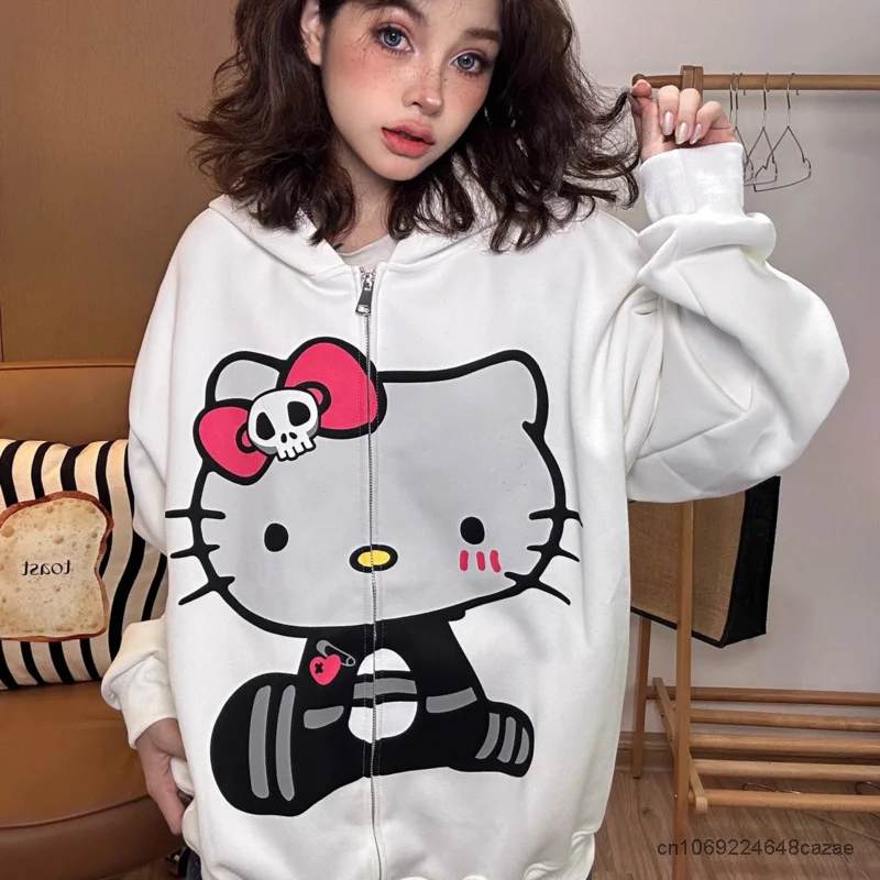 Sanrio Hello Kitty Clothes Y2k Couple Loose Sweatshirts Women Cartoon American Style Hoodies Cute Zip Up Jacket Female Trend Top