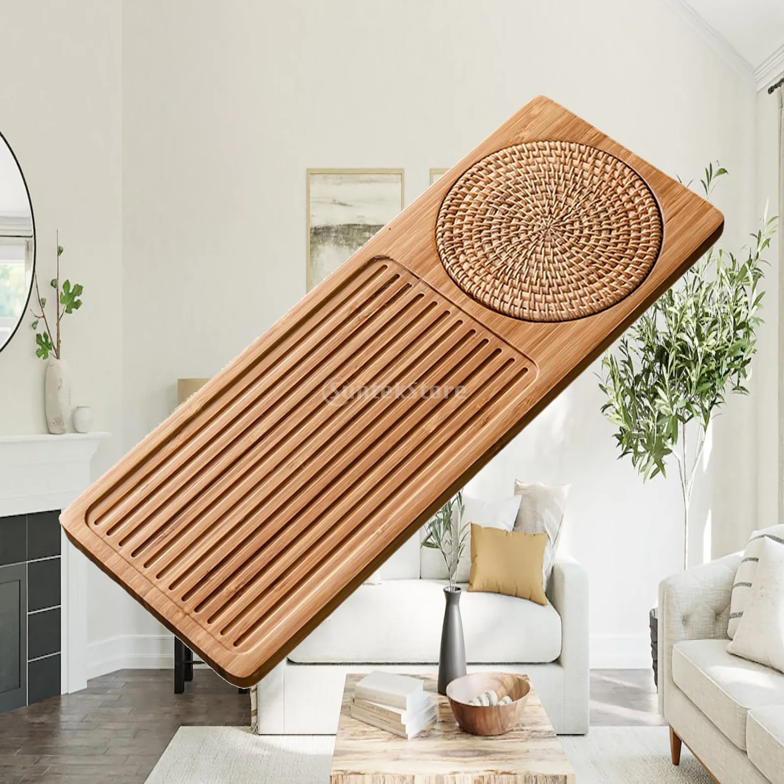 Japanese Tea Serving Tray Small Bamboo Wooden Tray Decorative Drainage Board for Kitchen and Tea