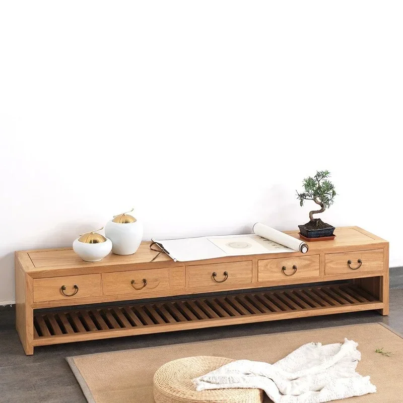 New Chinese style old elm TV floor cabinet pure solid wood locker modern TV cabinet simple zen living room furniture