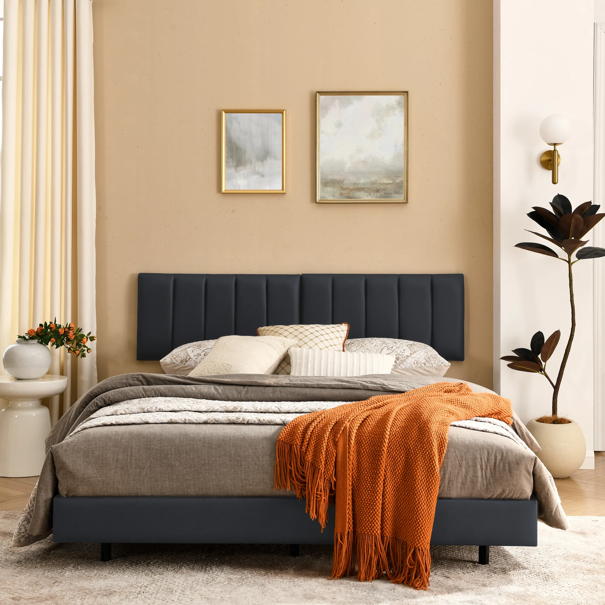 Queen Floating Bed Frame with Wall-Mounted Headboard, Low Profile Faux Leather Upholstered Platform Bed, No Box Spring Needed