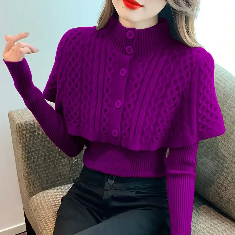 Temperament Sweet Women\'s Clothing Office Lady Simplicity Elegant Vintage Fashion Slim Solid Color Buttons Patchwork Sweaters