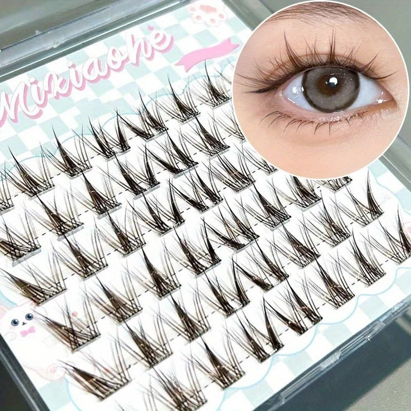 Mixiaohe Light Brown Glue Free Cluster Lashes 48 Pcs C Curl 10 13mm Self Adhesive Natural Cute Style