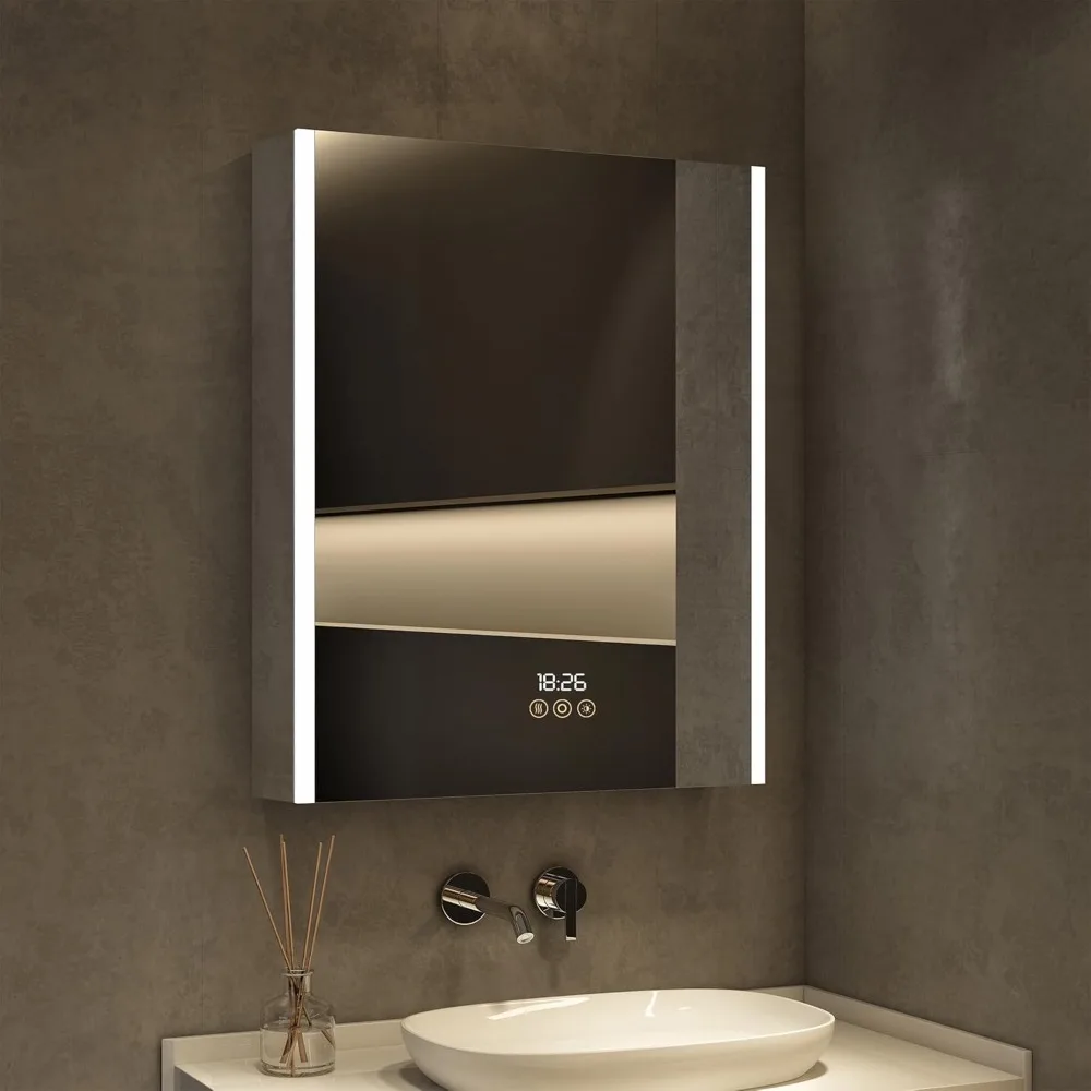 Armario de baño con luces LED y espejo, con puerta, reloj y temperatura, desnebulizador, función de memoria, modo de 3 colores, salida y USB, atenuador