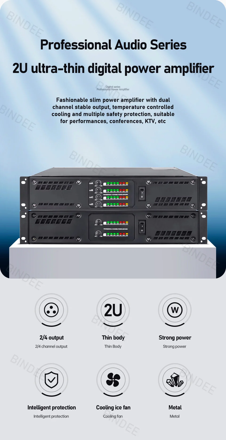 Professional 2/4 Channel Power Amplifier 1000W for DJ Stage Performance Wedding Church Conference Singing Link Speaker Outdoor