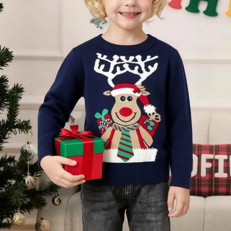 

Blue Children's Santa Claus Sweater for Boys Girls Autumn Winter Tops Clothing Baby Kids Christmas Cartoon Wool Knitted Pullover