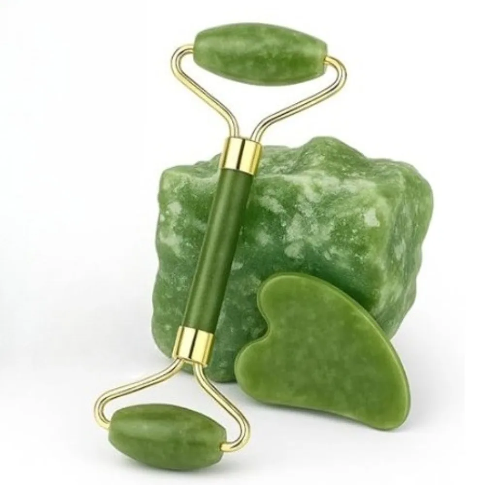 

Natural green jade stone roller scraping set Facial neck eye care tools to reduce wrinkles relax body muscles