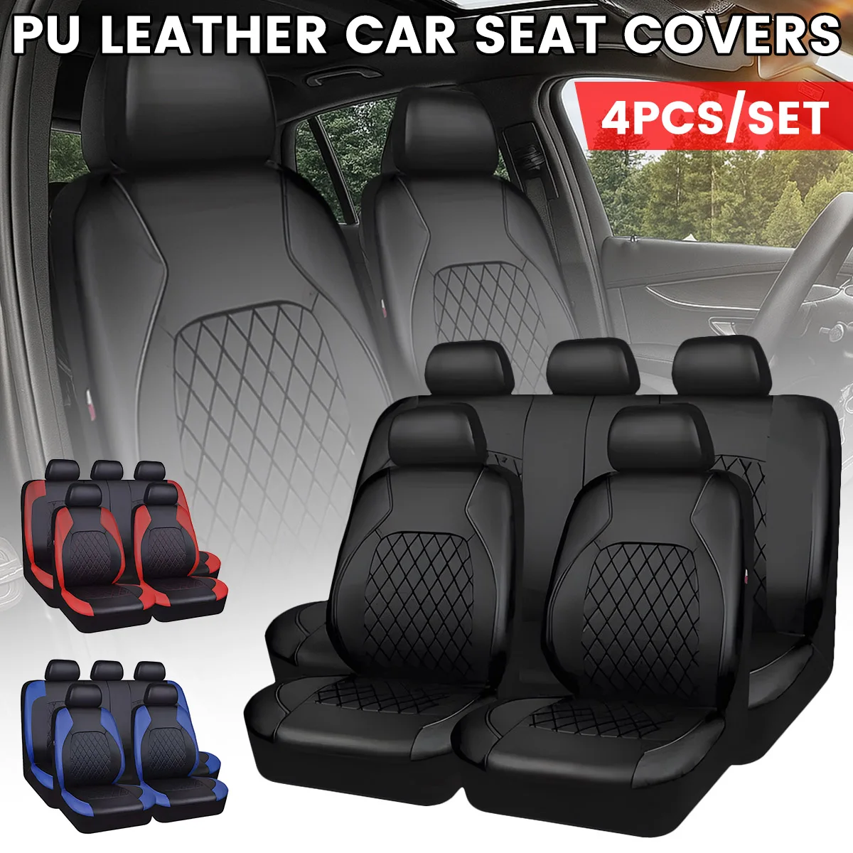 4Pcs/Set Luxury PU Leather Car Seat Covers Full Set Non-Slip Universal Fit for Cars Trucks SUVs Airbag Compatible Black Blue Red