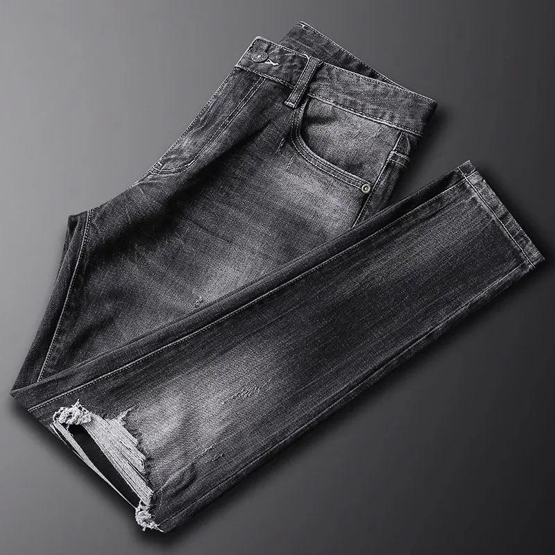 

Newly Designer Fashion Men Jeans Retro Black Gray Stretch Slim Fit Vintage Ripped Jeans Men Patched Designer Hip Hop Denim Pants