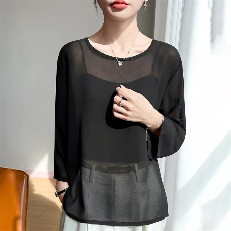 Blusa de chiffon plus size feminina, manga longa, soltinha, transparente, elegante, camisa de primavera, roupa feminina.
