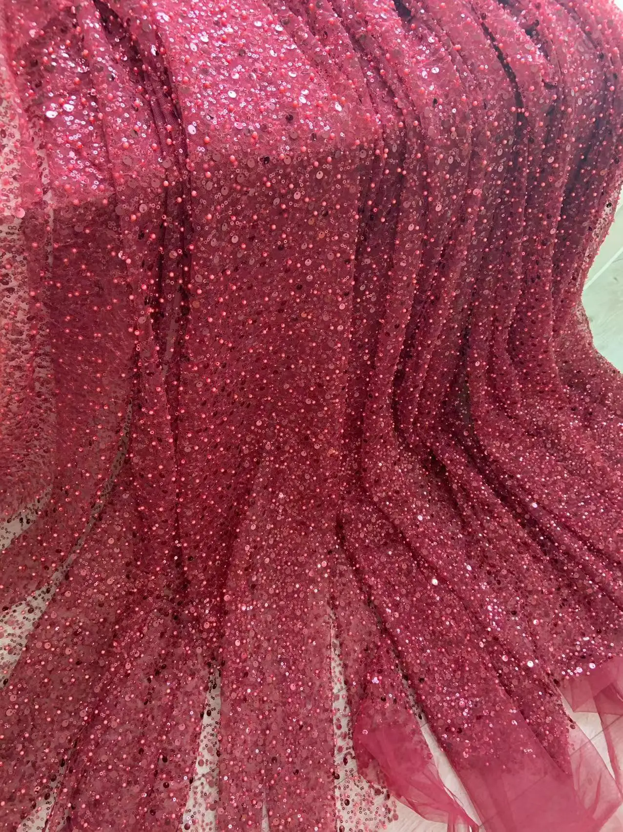 

1 Yard Wine Red Sequins French Beads Tulle Lace Fabric for Wedding Dress,Evening Party Skirts,Ball Gown,Sparkle Costume