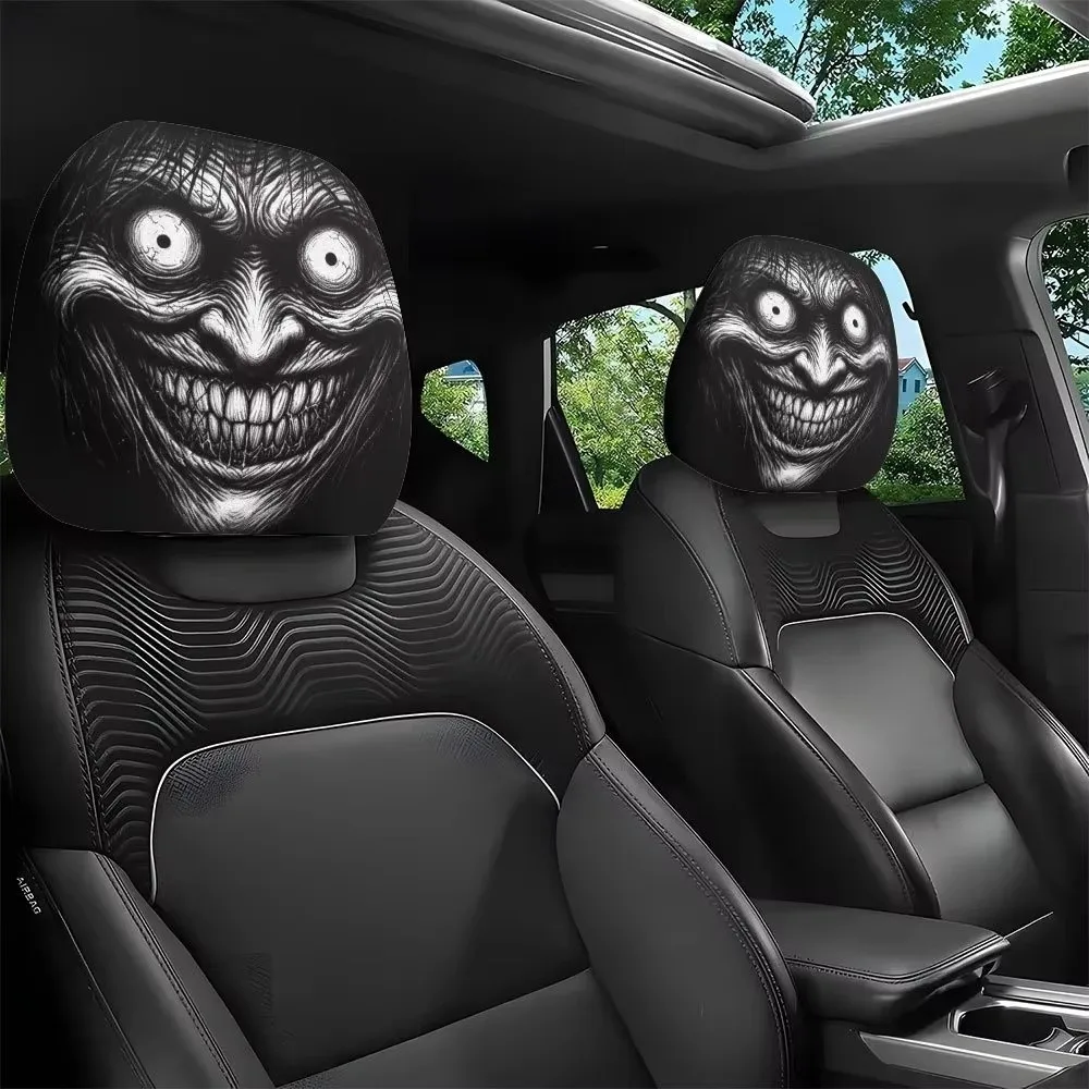 2Pcs Scary Face Print Car Scary Face Headrest Sleeve Breathable Washable Stretch Car Headrest Covers Oil-Proof Soft Comfortable