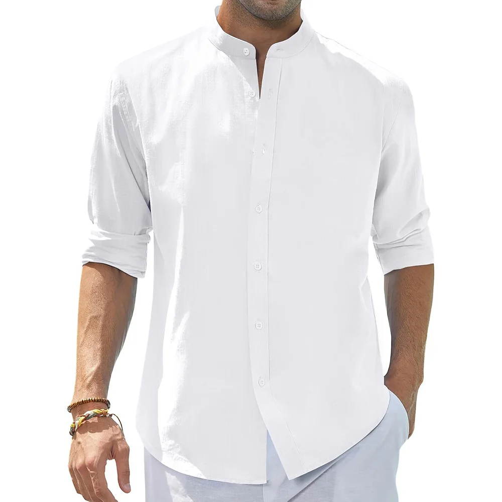 

Весенне-летняя мужская рубашка с воротником на пуговицах, хлопково-льняная легкая пляжная стильная дышащая повседневная однотонная мужская рубашка на пуговицах