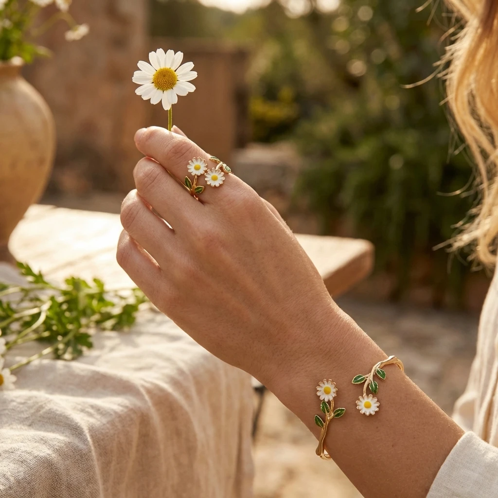 2-teiliges Elegantes Sonnenblumen-Armband und Ring Set für Damen, Emaille-Gänseblümchen Blumen-Manschette Armreif Fingerring Charms Party Hochzeit Schmuck – Detail 2