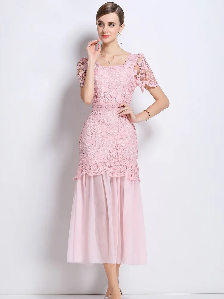New French Elegant Socialite Style Square Neck Short Sleeve Summer Dress High-End Mesh Splicing Lace Hollow Out Long Dresses New French Elegant Socialite Style Square Neck Short Sleeve Summer Dress High-End Mesh Splicing Lace Hollow Out Long Dresses