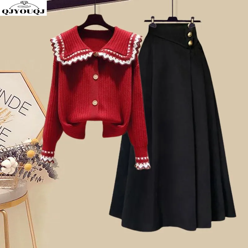 

2024 Autumn/Winter New Women's Set Navy Collar Knitted Age Reducing Sweater+High Waist Half Skirt Two Piece Set Trendy