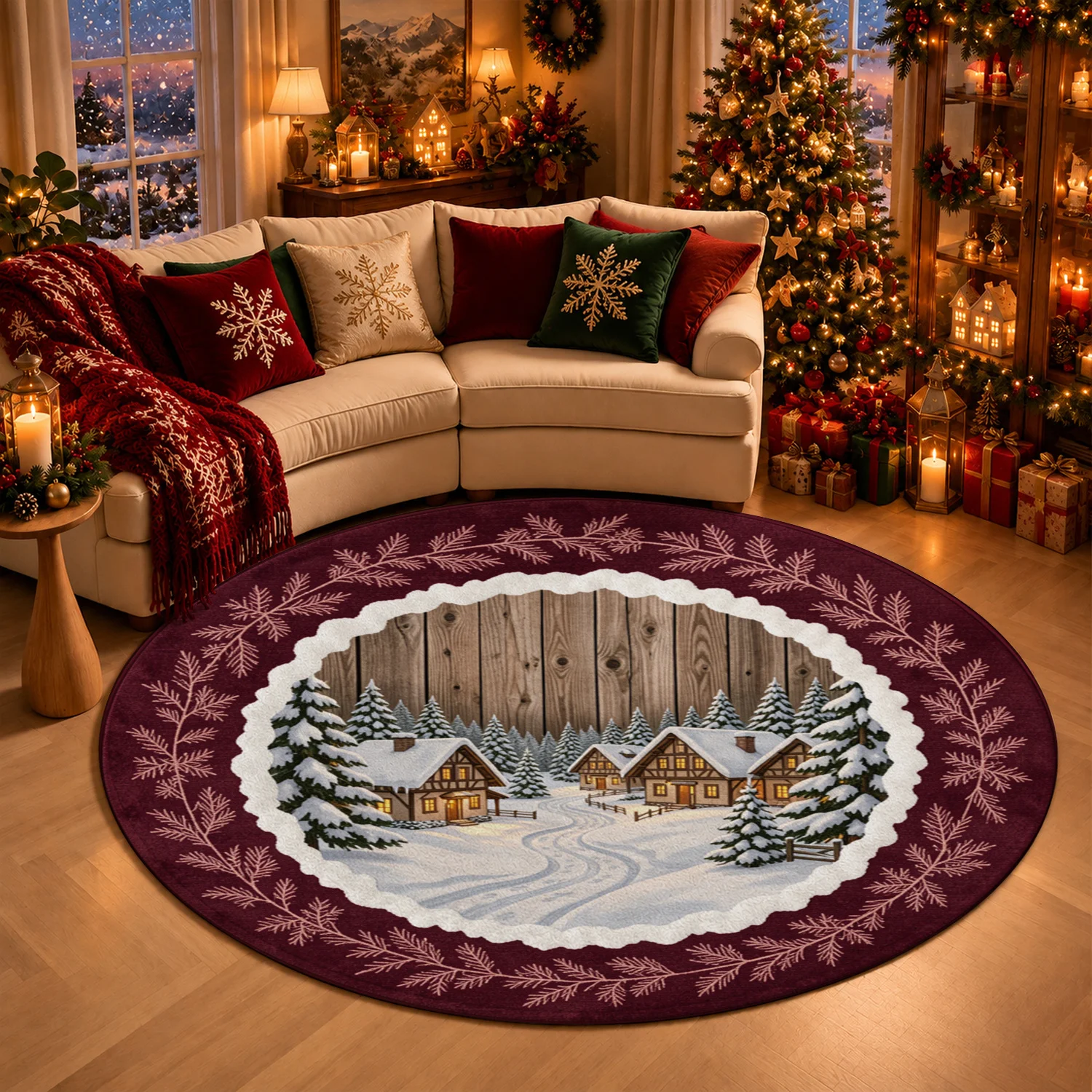Round Winter Snowy Cabin Pine Branch Pattern Velvet Rug Machine Washable for Living Room Dining Room Bedroom Entryway Halloween Thanksgiving Black Friday Cyber Monday Christmas New Year
