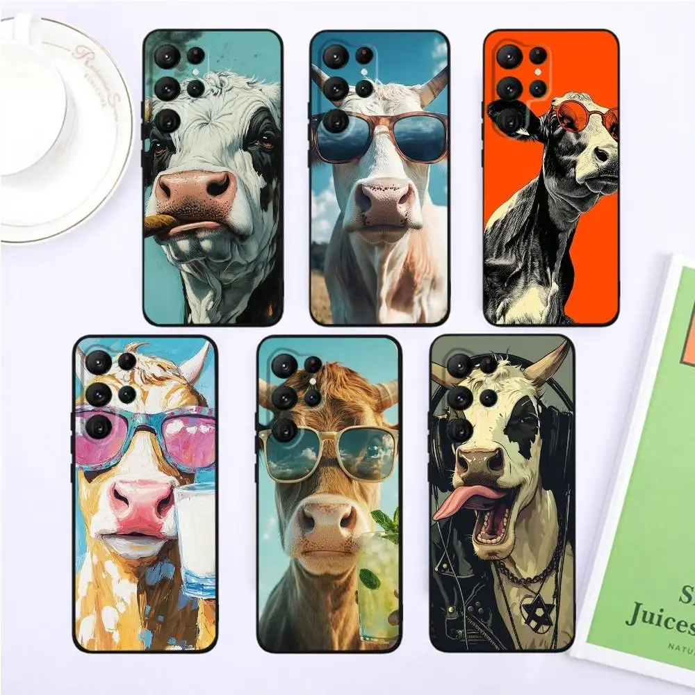 

Cute Collage Sunglasses Cow Phone Case For Samsung S25,S24,S23,22,21,Ultra,Pro,S10,S30Plus,20lite Black Cover