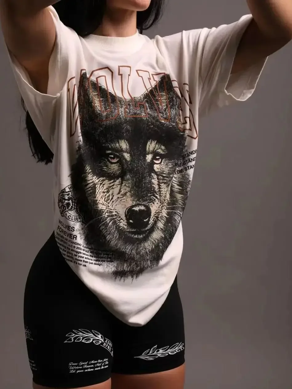 Hip Hop Women Men Summer Wolves Tee Loose Fitness T Shirts Casual Short Sleeve Letter Print T-shirt Darcs T-Shirt Tops Tee Y2k