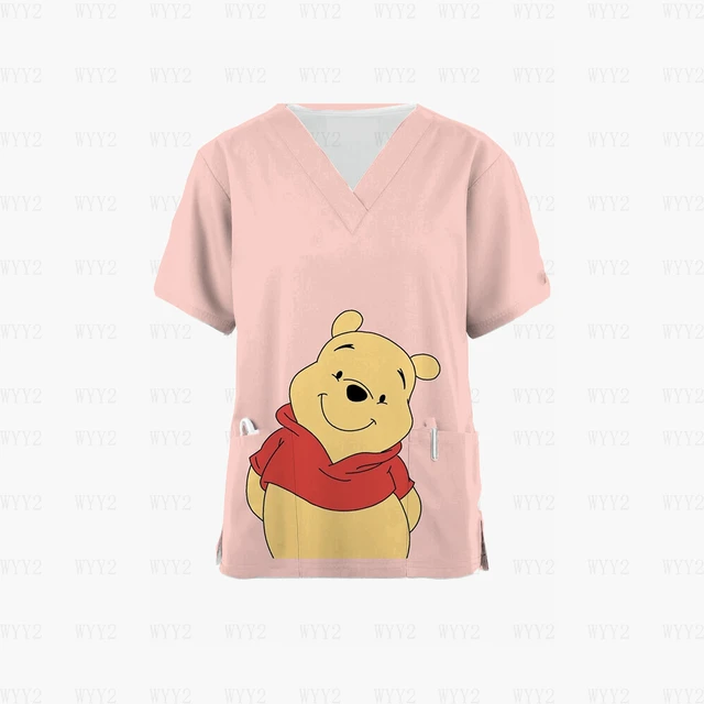 Disney Winnie the Pooh Print Scrub Top Women s V Neck Short Sleeve Nurse Work Uniform Healthcare Shirt Women s Uniform AliExpress