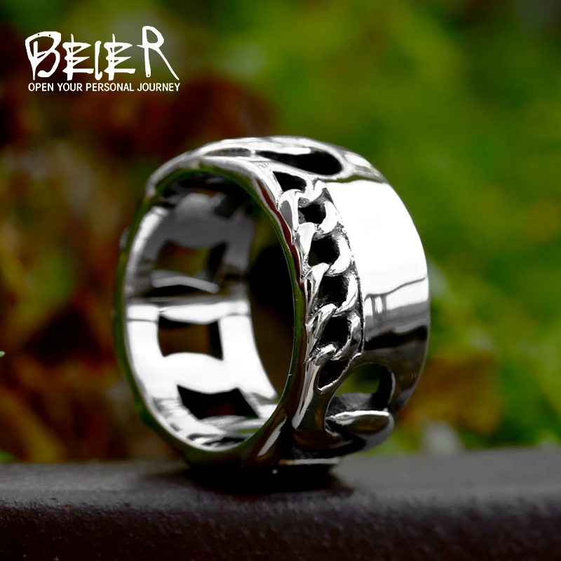 BEIER New Design Stainless Steel Cool Chain Knitting Ring For Men Biker Ring Hollow Fashion Jewelry For Boyfriend Gift