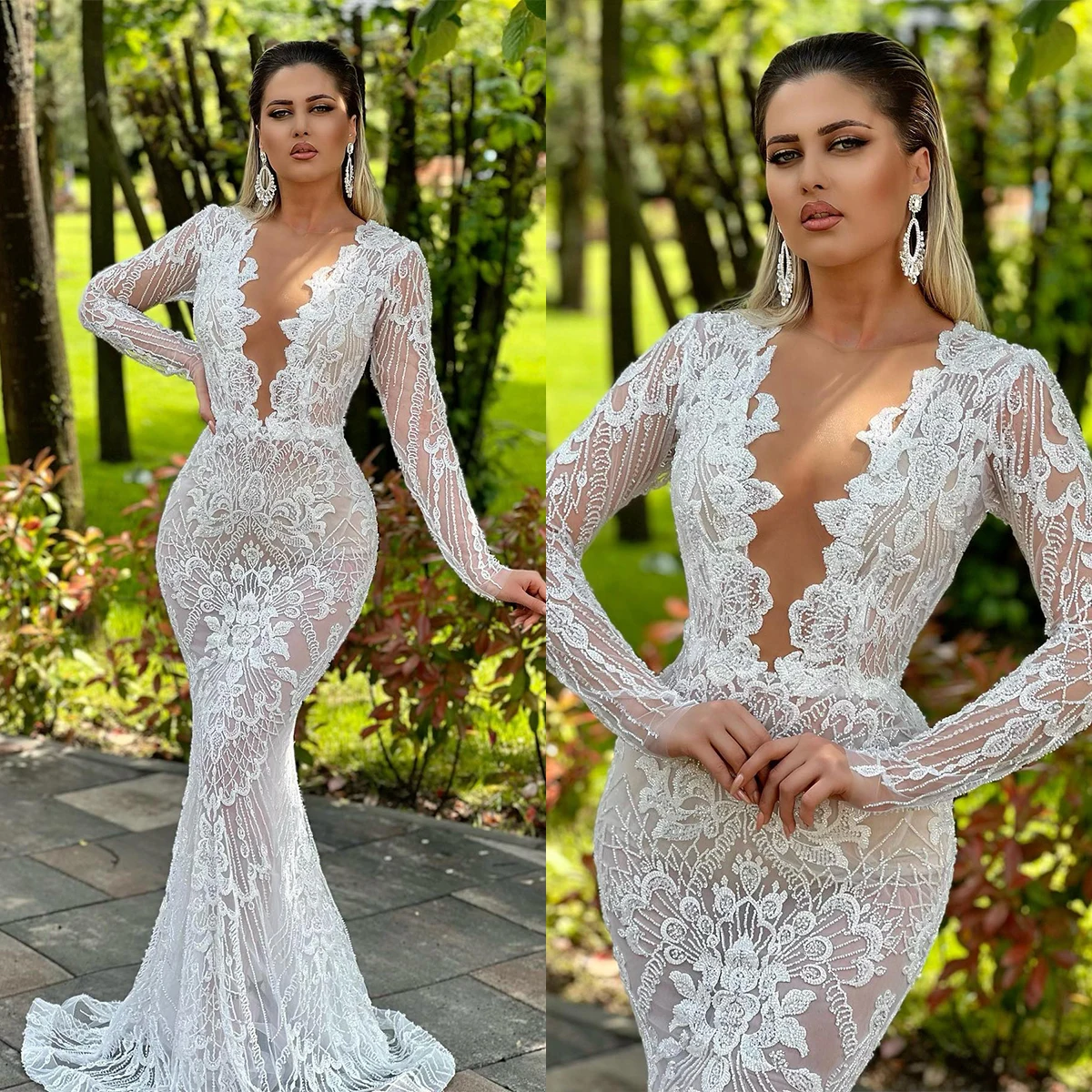 Elegant Mermaid Evening Dresses Long Sleeves Deep V Neck Sequins Appliques Lace Hollow Zipper Plus Size Customized Prom Dresses