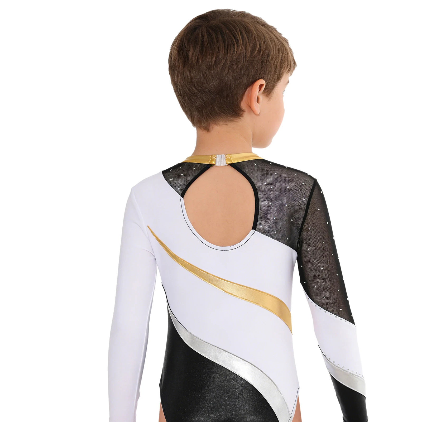Kids Boys Long Sleeve Patchwork Rhinestones Gymnastics Acrobatics Figure Skating Dance Performance Competition Leotard Bodysuits