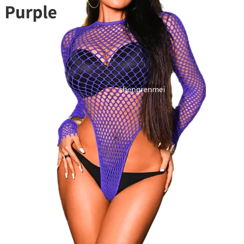 Женское нижнее белье, сексуальное боди в сеточку с высоким вырезом, прозрачный топ с длинными рукавами, клубная одежда, наряд для вечеринки и клуба, цельный пляжный костюм, lenceria