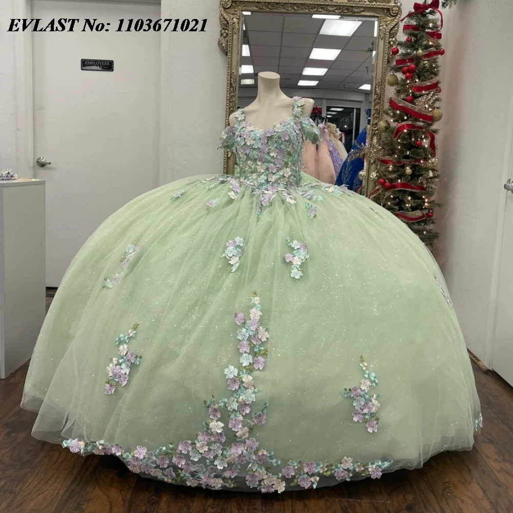 

EVLAST 2024 Mint Quinnceanera Dress Ball Gown Colorful Floral Applique Beaded Crystal Corset Sweet 16 Vestidos De 15 Anos SQ685