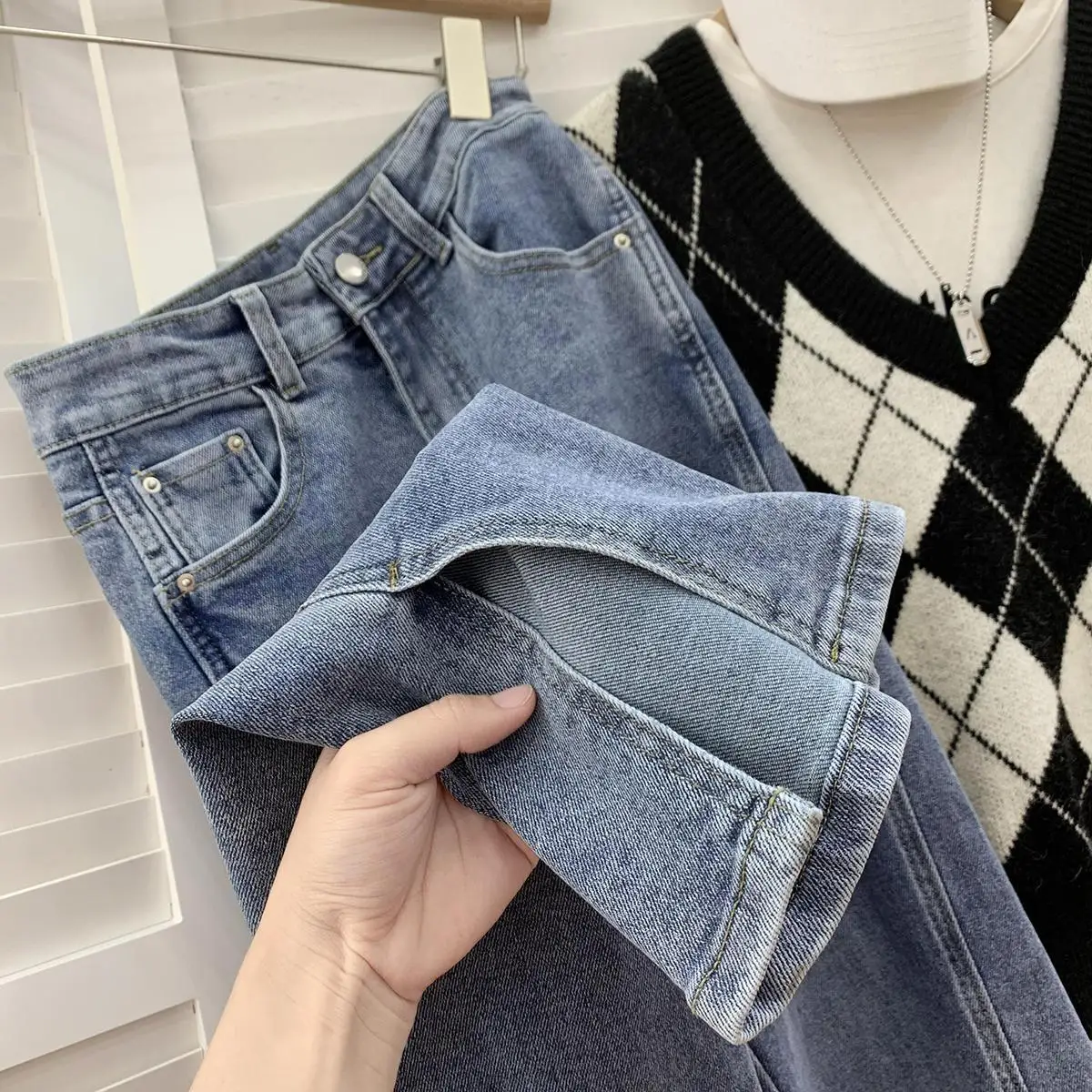 Dżinsy damskie z wysokim stanem, proste nogawki, długie spodnie, lekko rozszerzane spodnie z rozcięciem, długie do podłogi, luźne, plus size.