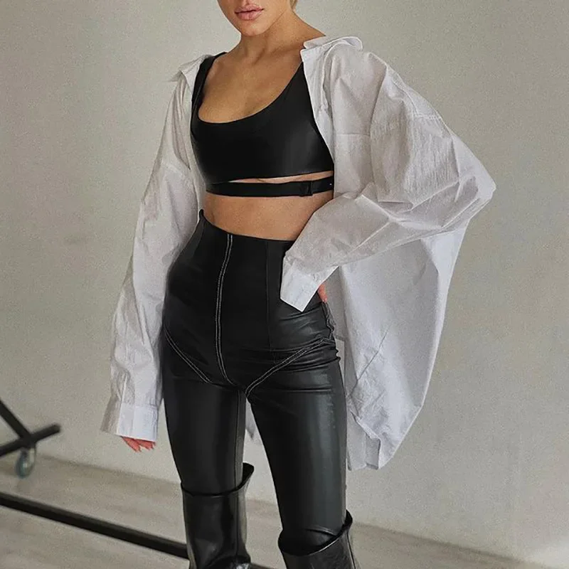 Faux PU Leather Elastic Skinny Pants Women High Waist Stitching Hip Leggings Ladies Sexy Slim Bodycon Trousers Street Clubwear