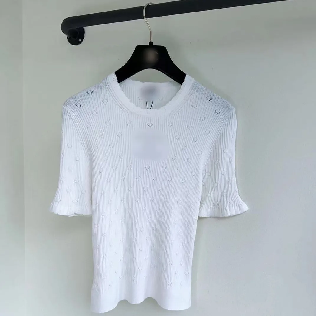 

Women's 2025 Spring/Summer Small Fragrance Pure Color Hollowed-out Jacquard All-Match Slim-Fit Round Neck Bubble Sleeve Knitted