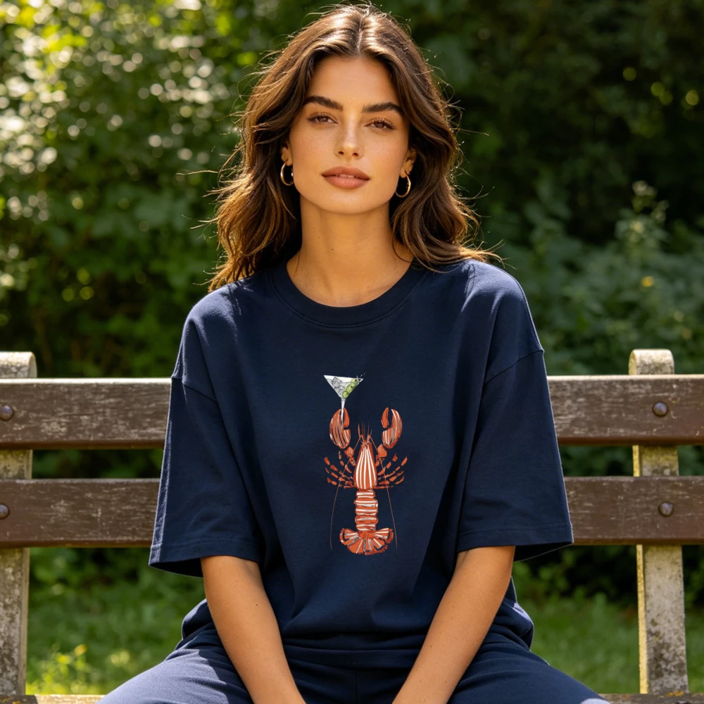 Vintage Lobster with Martini Glass T-Shirt Funny Nautical Cocktail Graphic Tee Coastal Seafood Lover Casual Women Cotton Shirt