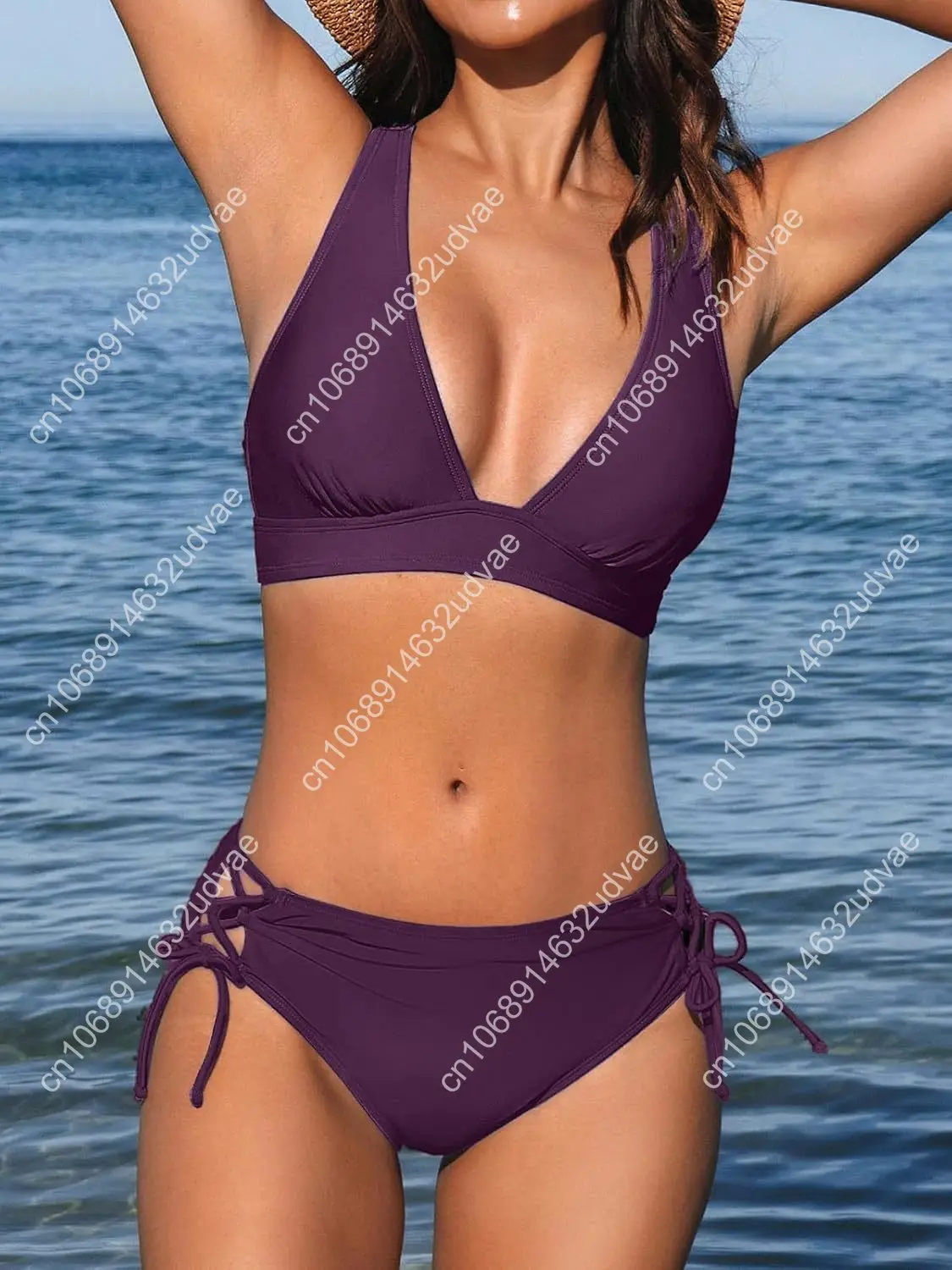Bikini Set for Women Two Piece Swimsuit V Neck Triangle Top Wide Straps Cross Back Lace up Mid Rise
