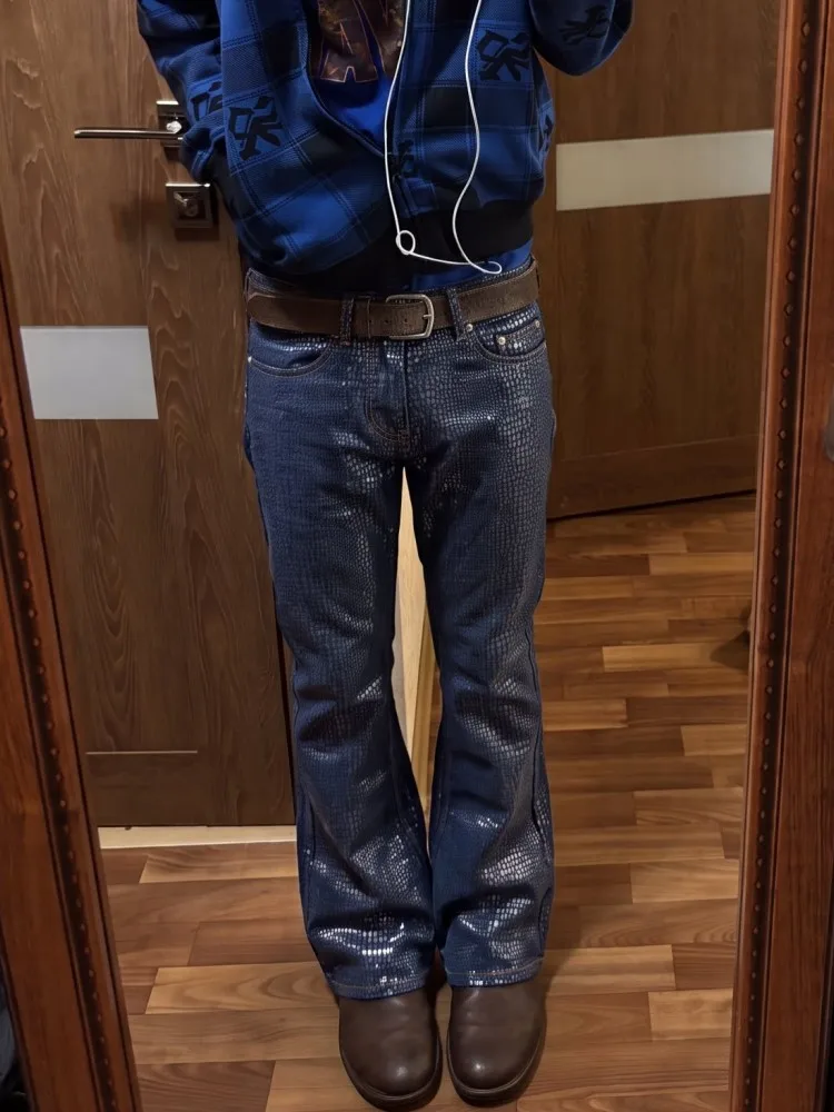 American Style Fashion Mens Mid Waist Snake Scales Bell Bottoms Denim Pants Designer Slim Jeans Casual Streetwear Long Trousers