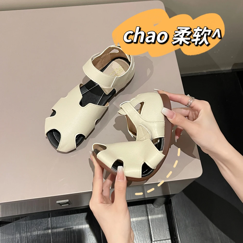 

Женская обувь из натуральной кожи, летние пляжные сандалии с полым рисунком, удобная мягкая подошва с круглым носком на плоской подошве, zapatos mujer